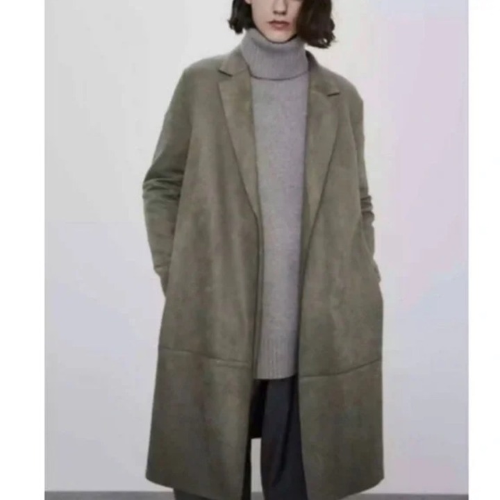 Zara Olive green faux suede trench coat with pockets