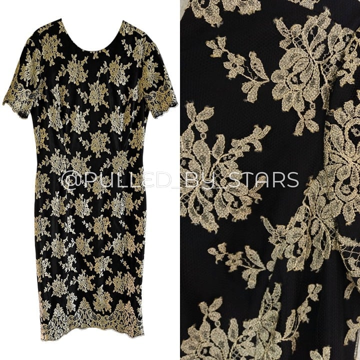 Size 12 GUY LAROCHE COUTURE Vintage Black&Gold Lace Short-Sleeve Cocktail Dress