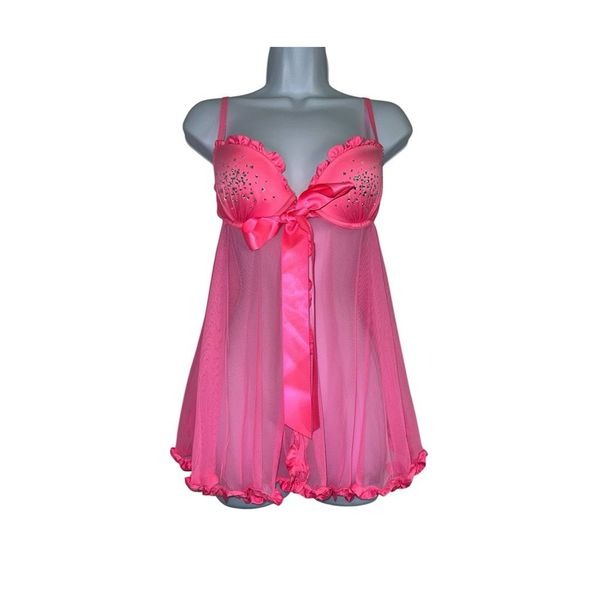 Victorias Secret 36B Babydoll Gown HOT pink Rhinestones