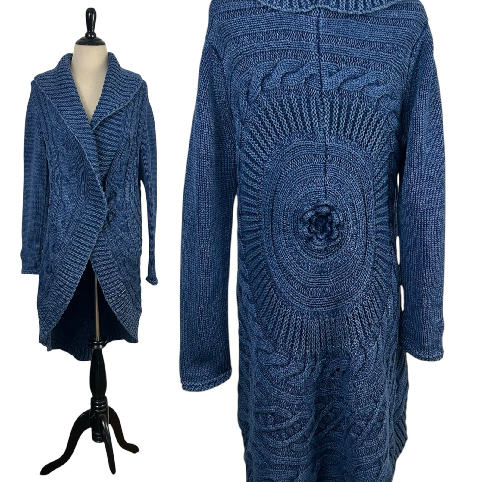 BLUE WILLI'S New Indigo Dyed Duster CARDIGAN SWEATER S Cable Knit Chunky Artsy