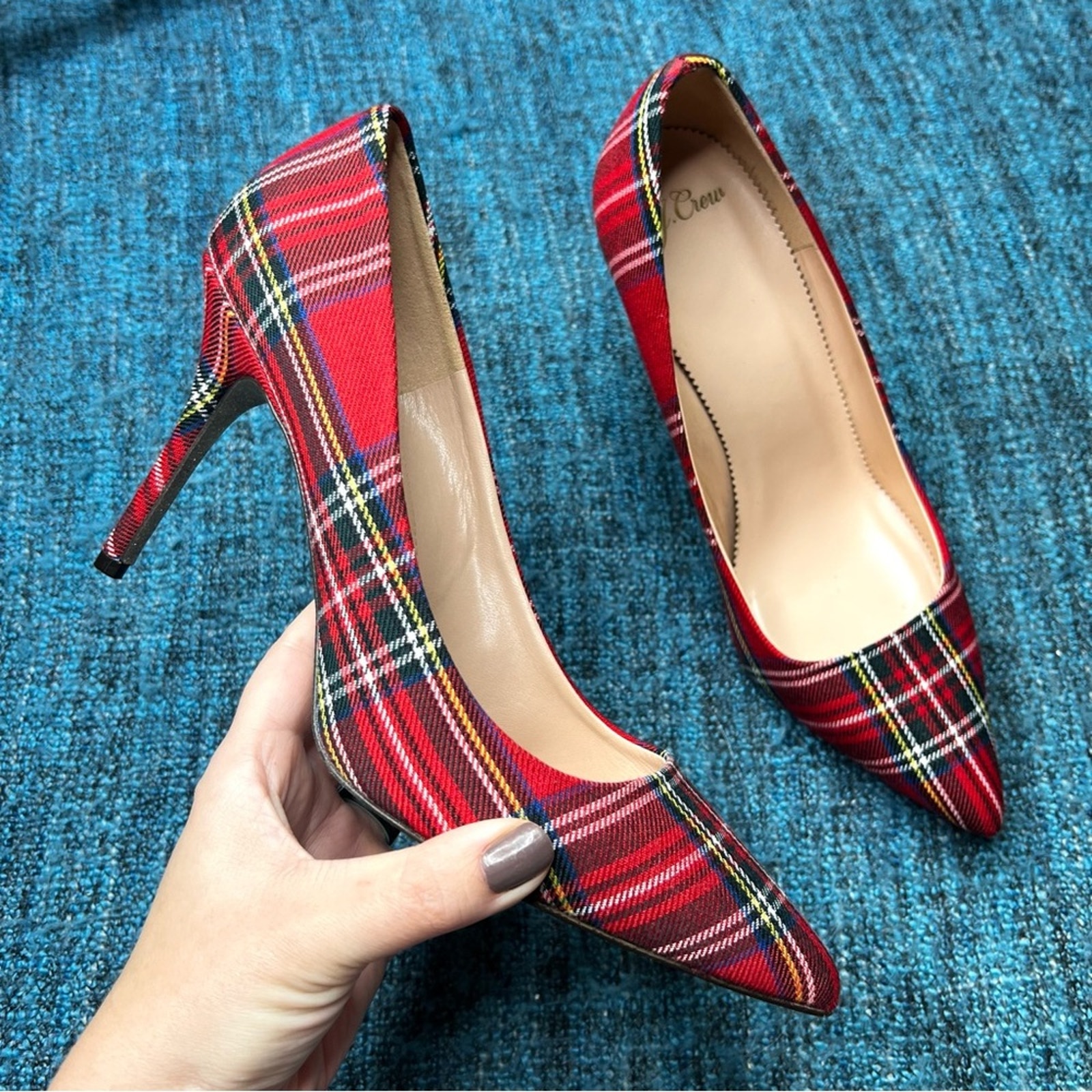 J.Crew Elsie Pumps in Red Tartan Plaid with Silver Glitter Soles Women's 9.5
