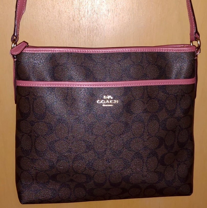 COACH FILE BAG IN BROWN/PINK LINED SIGNATURE COATED CANVAS CROSSBODY