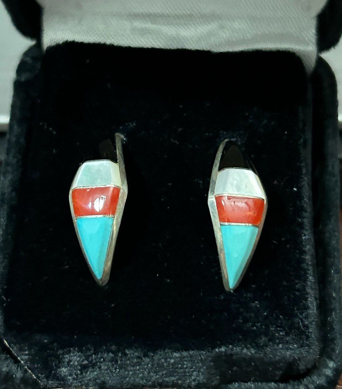RK Navajo Native American coral turquoise onyx shell inlay post silver earrings