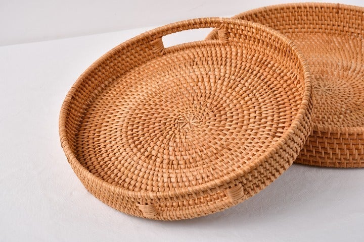 Round Woven Rattan Tray with Handles