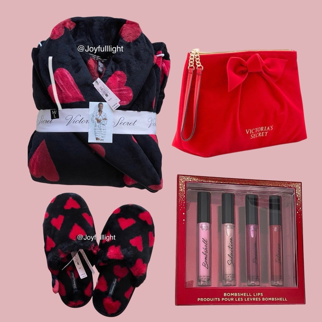 New M/L VS PLUSH RED & BLACK HEARTS ROBE & Medium SLIPPERS bundle