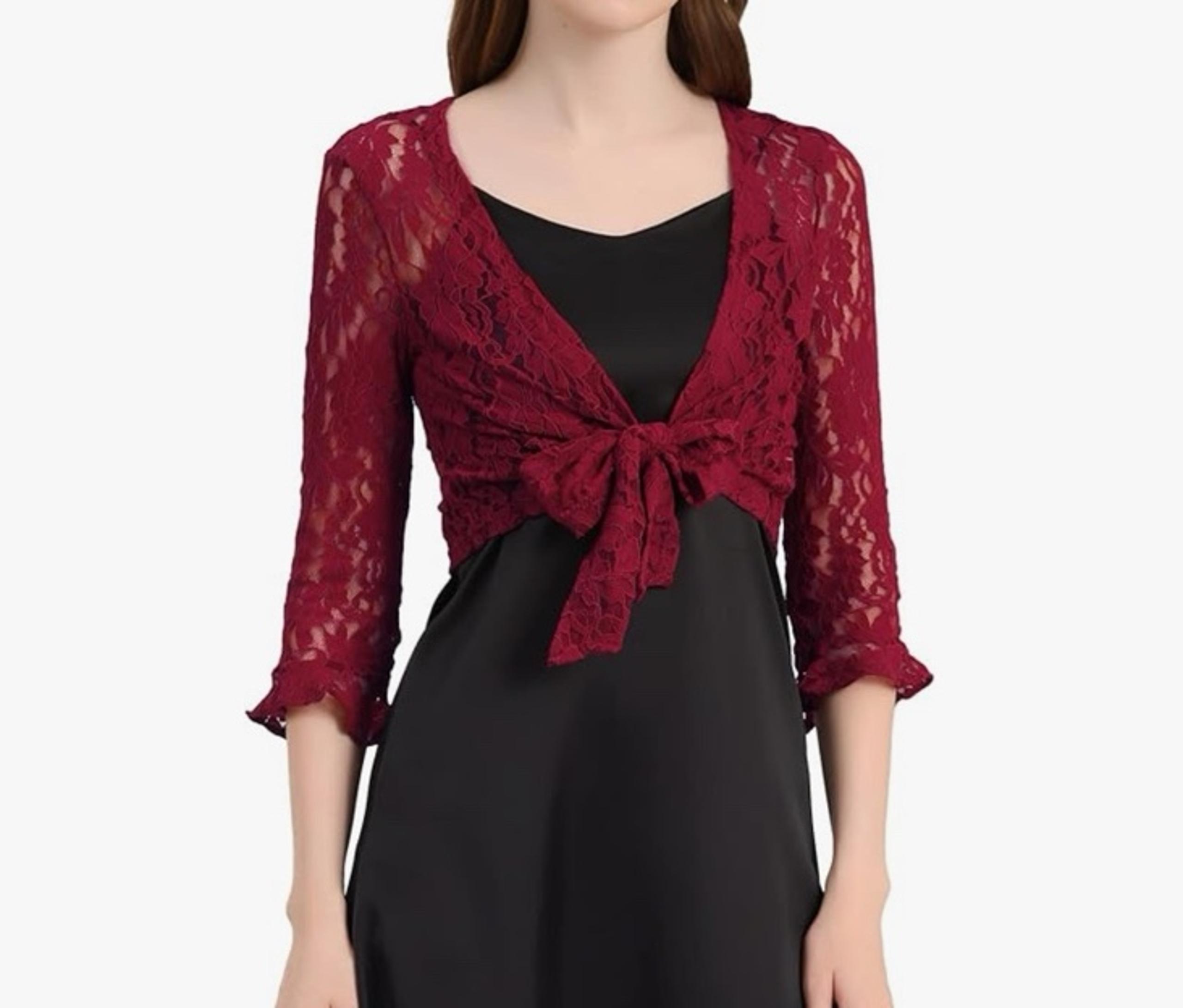 Allegra K Women's Ruffle 3/4 Sleeve Cropped Tie Front Lace Shrug