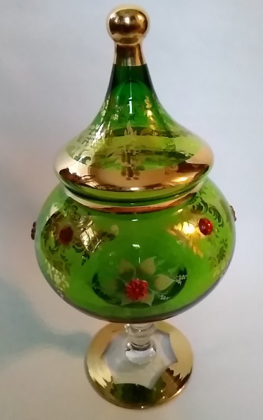 Vintage Bohemian Glass Green Gilded Enameled Flowers Candy Dish Hand Painted Rar