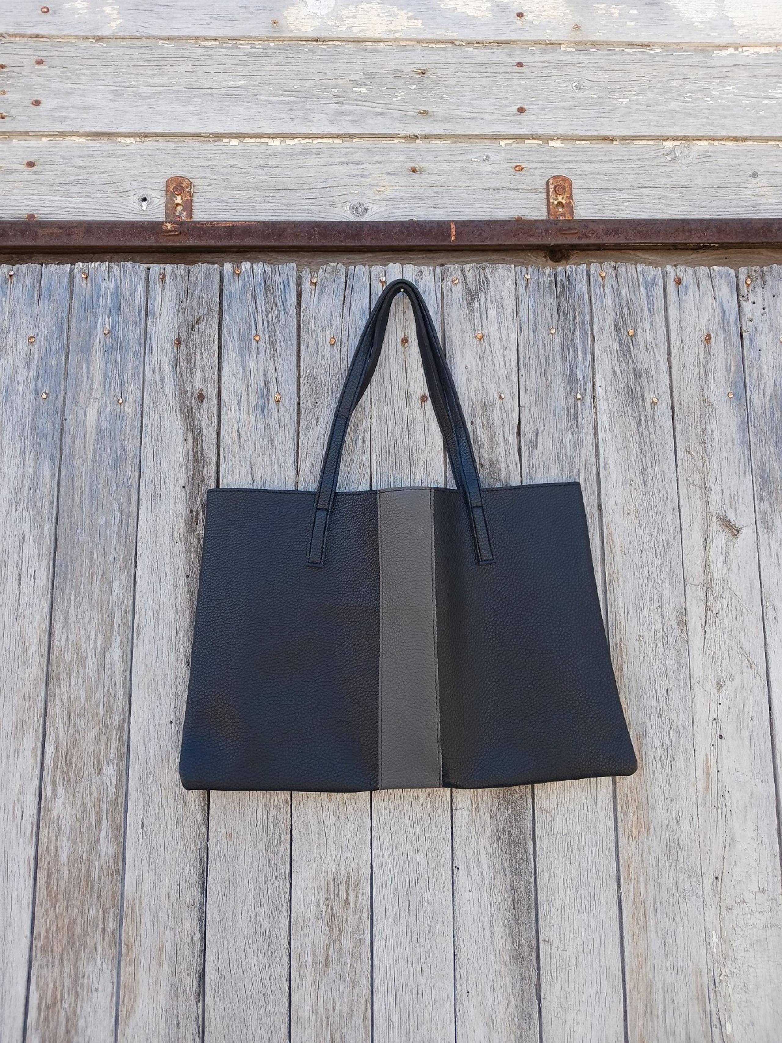 Vince Camuto Luck Faux Vegan Leather Slim Shoulder Tote Purse Bag Black Gray

It