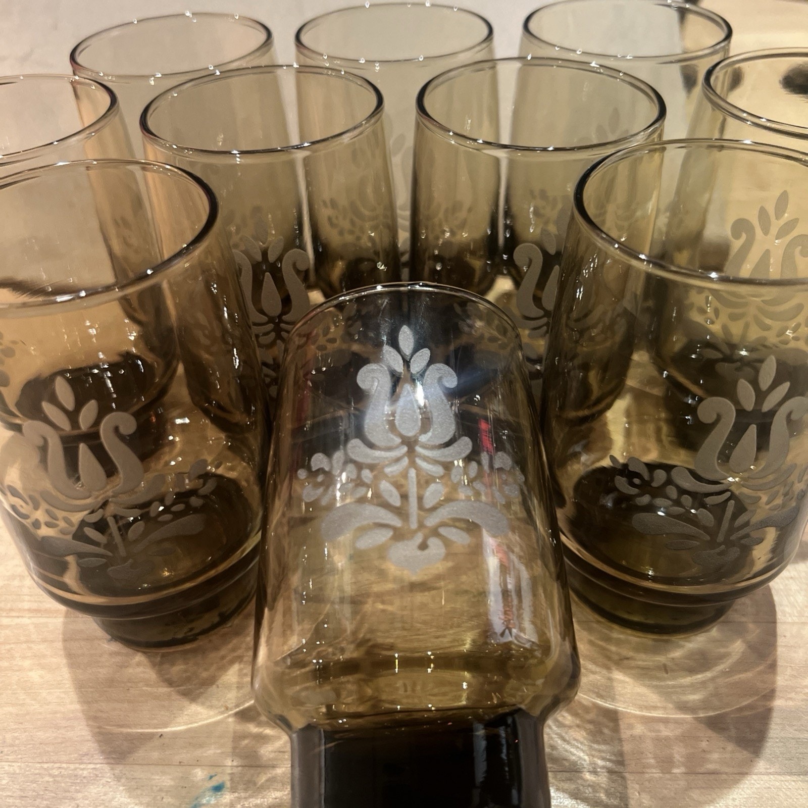 12 Pfaltzgraff Village 4.75 Etched Brown Smoke Libbey Glass 12 oz Tumblers NOS!