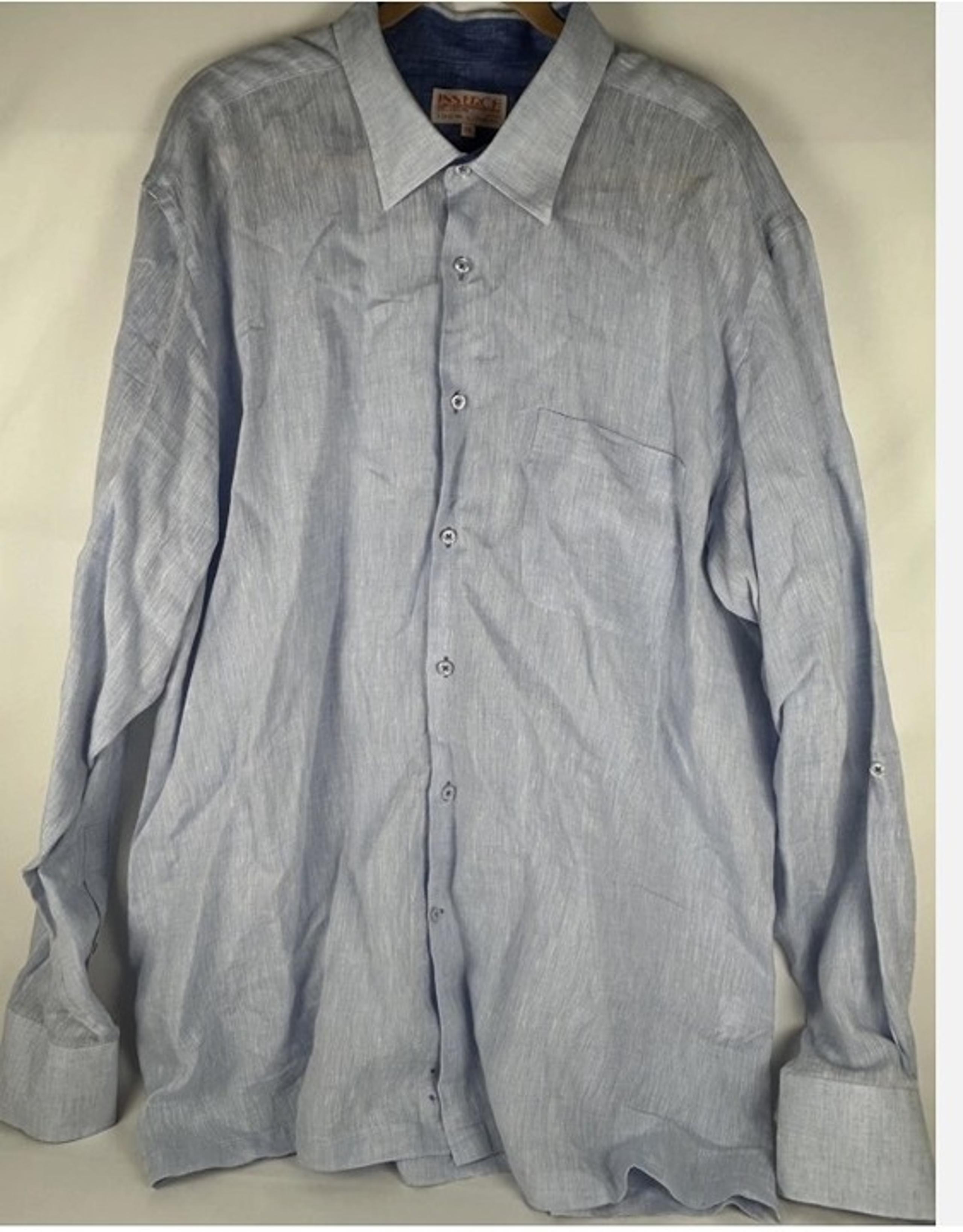 Inserch Blue 100% Linen Roll Tab Sleeve Shirt Mens 3XL Long Sleeve Pocket Solid