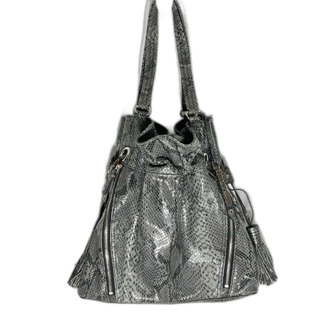 COLE HAAN Tassel Tie Snakeskin Shoulder Handbag Gray