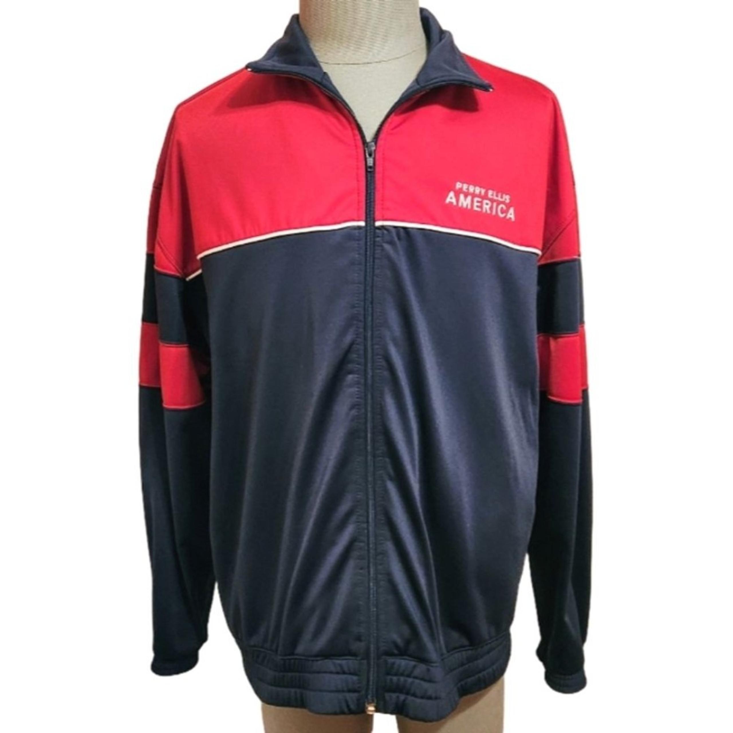 Perry Ellis America Active Retro Zip Front Mock Neck Men's Jacket Navy/Red Large