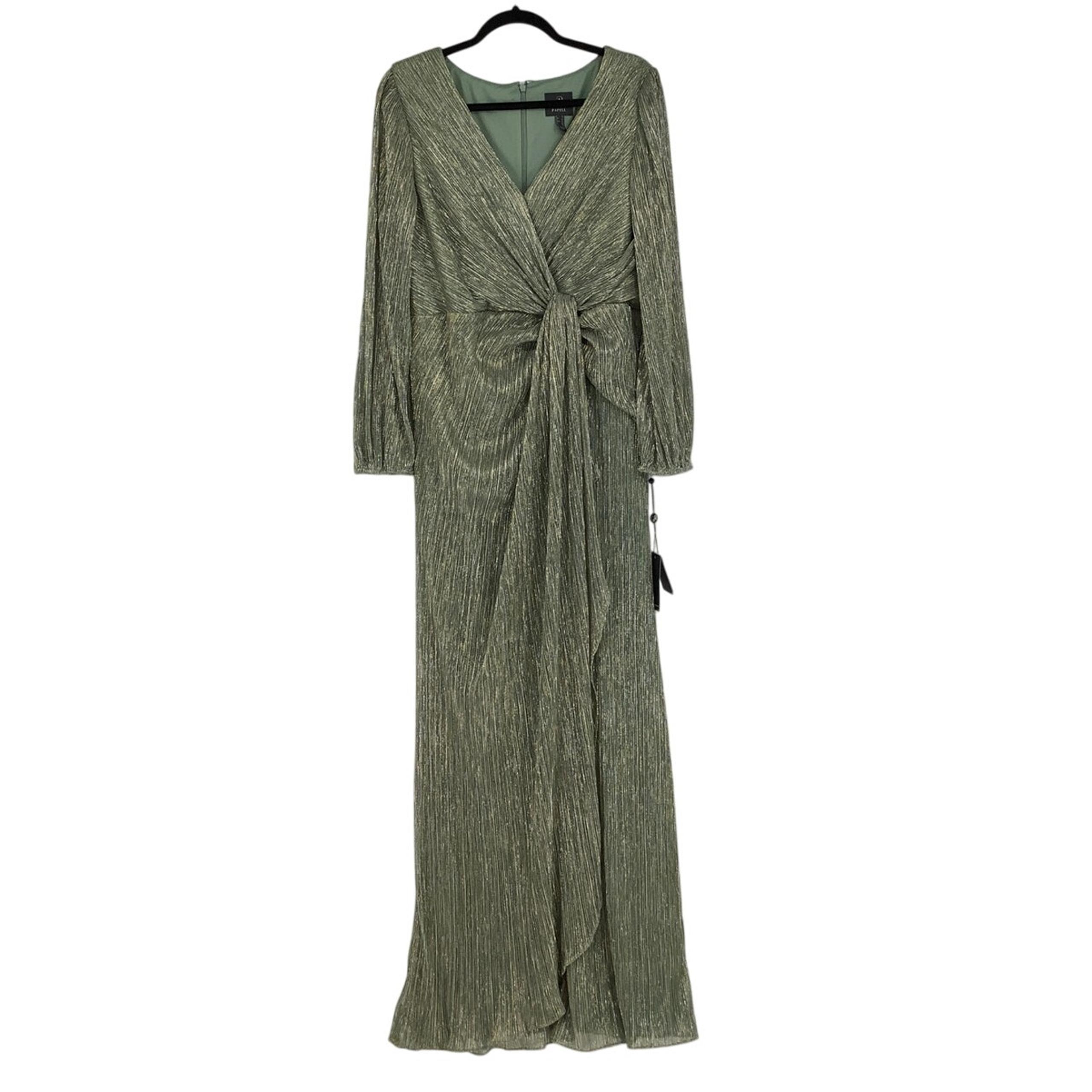 Adrianna Papell Womens 16 Green Metallic Long Sleeve Ruched Draped Gown N3-8