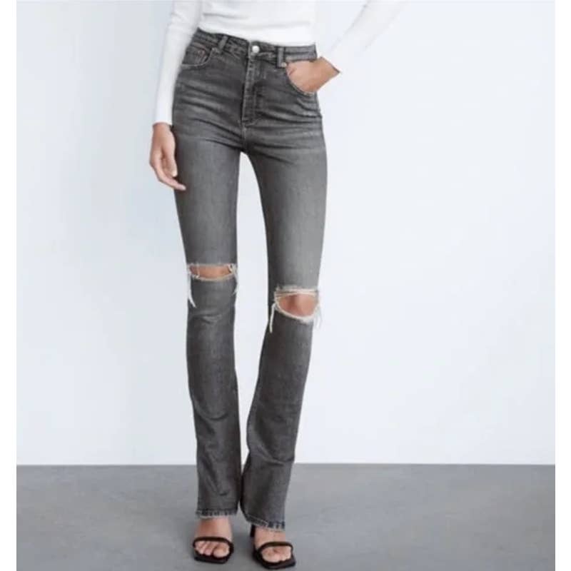 ZARA Hi Rise Slim Jeans with Split Hems Busted Knee Distressed Light Wash Gray