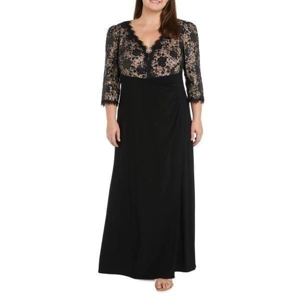 R&M Richards Gown Size 10 Black Beige Lace 3/4 Sleeve Maxi Front Slit Sequined