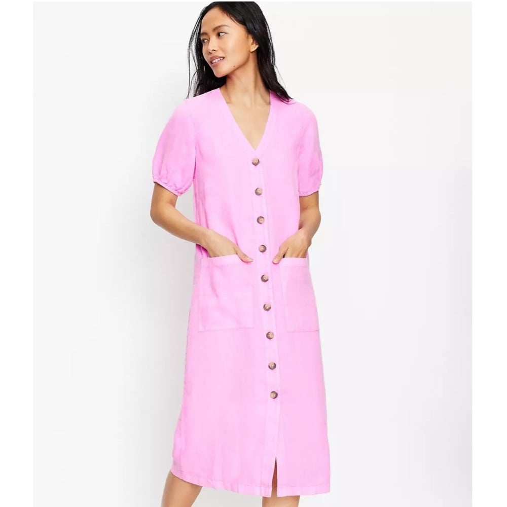 Lou & Grey Pink Button Down 100% Linen Shirt Dress Med Beach Coastal Cottagecore