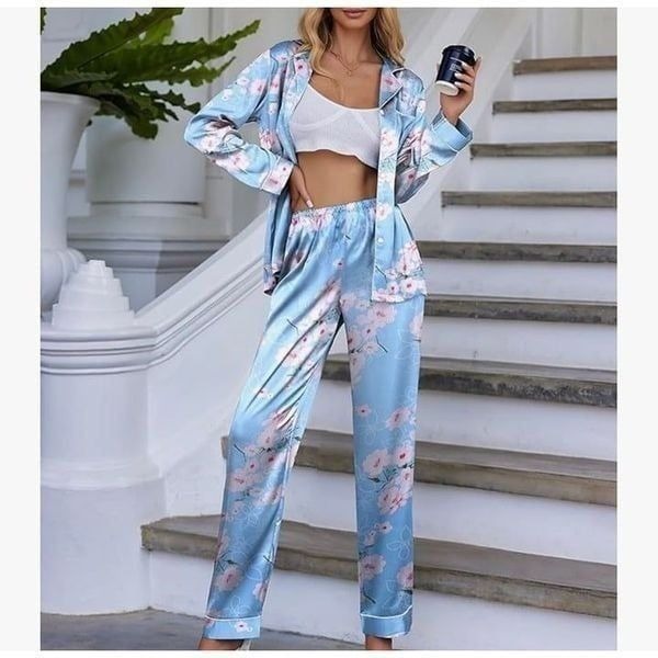 Powder Blue Floral Button Down Satin Silk Pajama Set