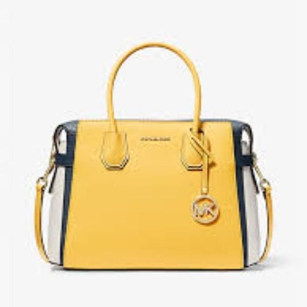 Michael Kors Mercer Medium Color-Block Belted Satchel Navy Yellow NEW