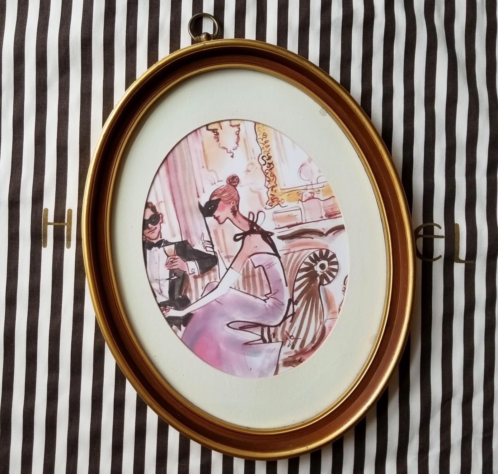 Authentic Henri Bendel Party Girl Store Display Art on Gold Oval Ornate Frame