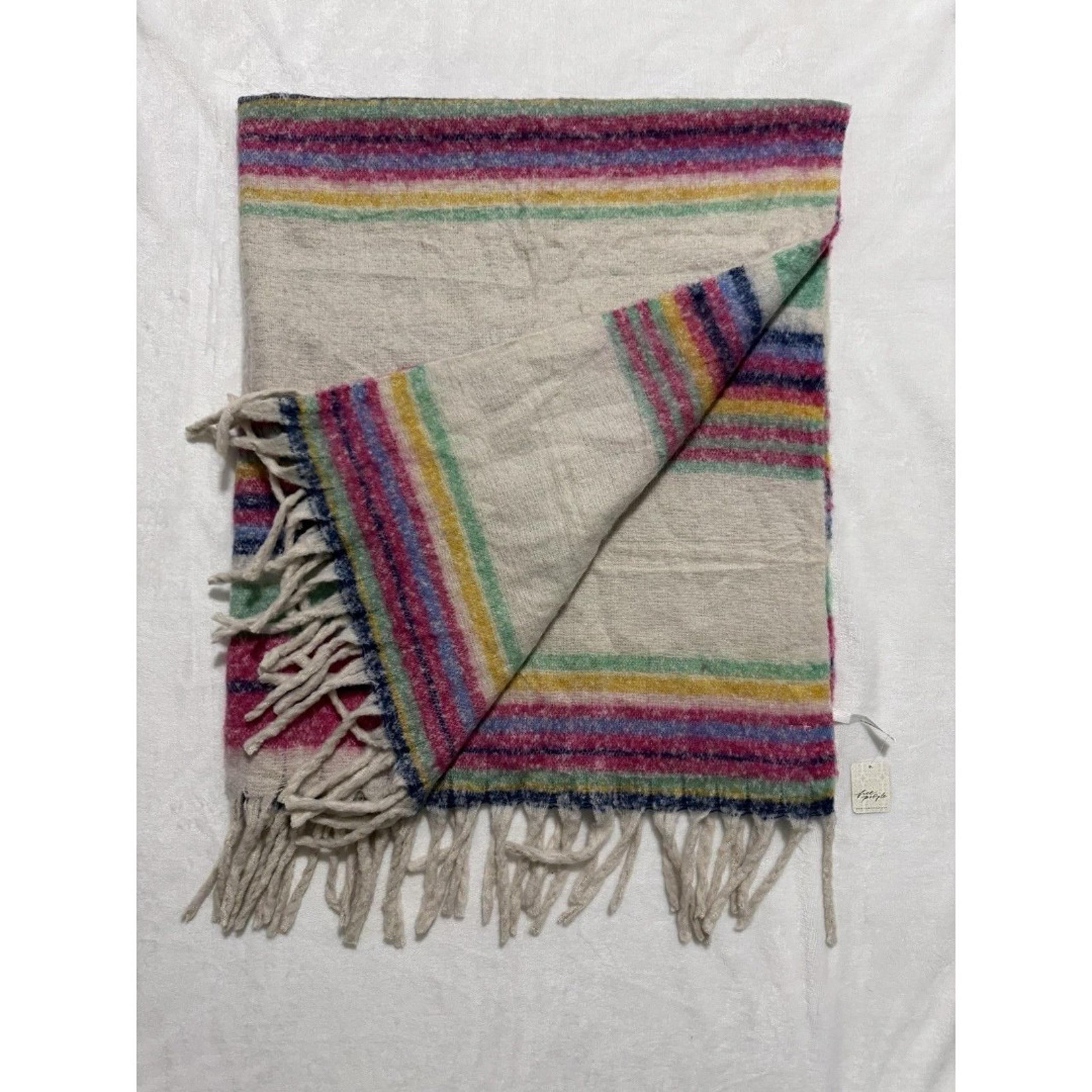 Free People Fringe Boho Throw Blanket 60” x 51” 100% Polyester Cozy Ivory Pink