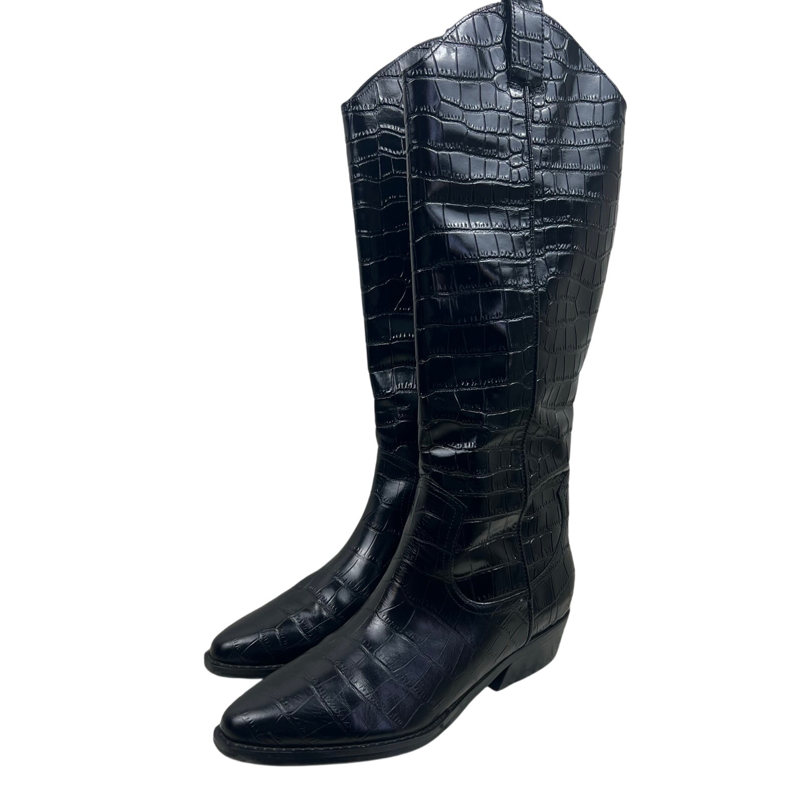 Marc Fisher Western Boots women’s 9 Haze Croc Embossed Black Leather Knee High