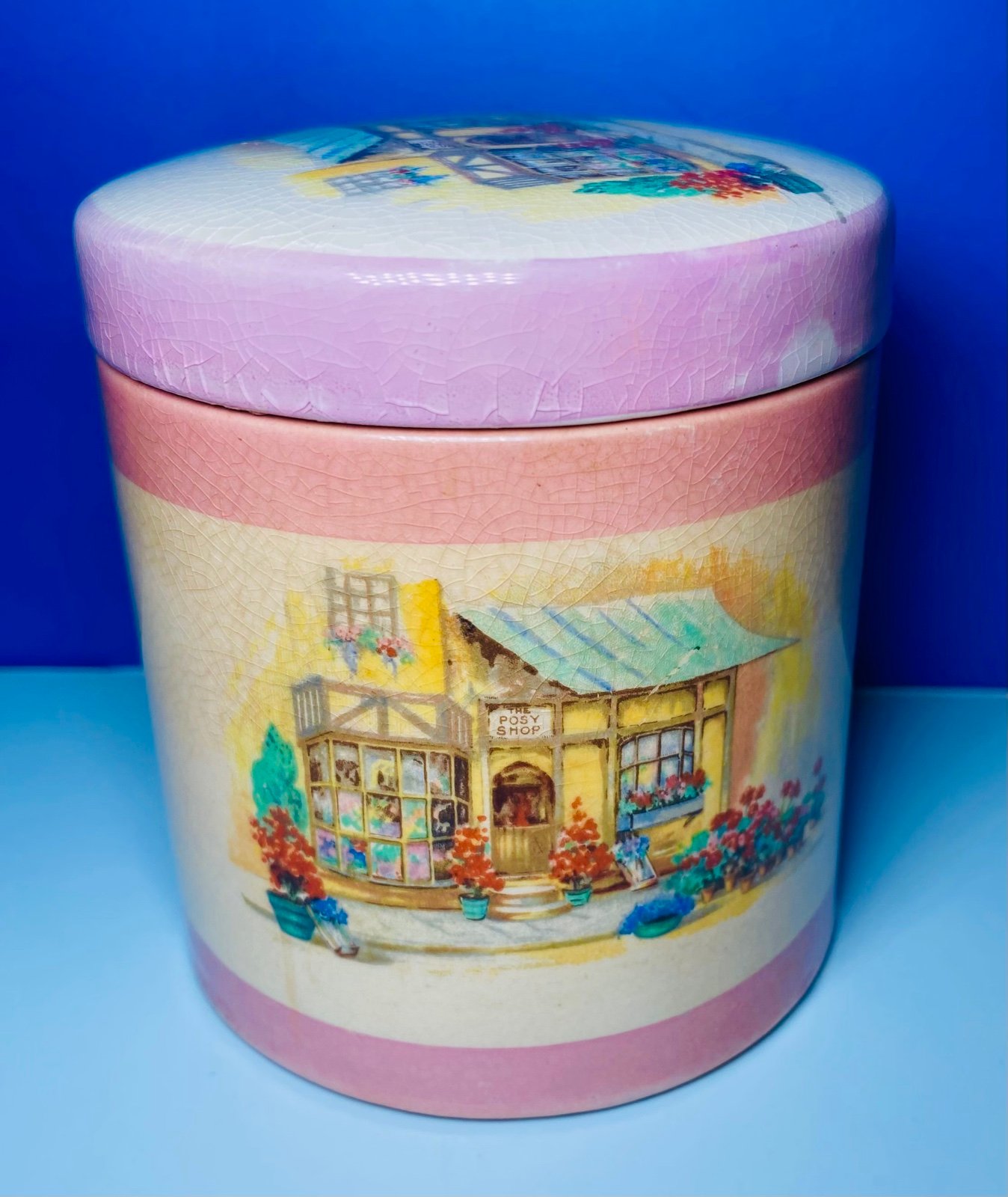 Vintage Lancaster The Posy Shop Trinket Box Canister Illustration Cylinder