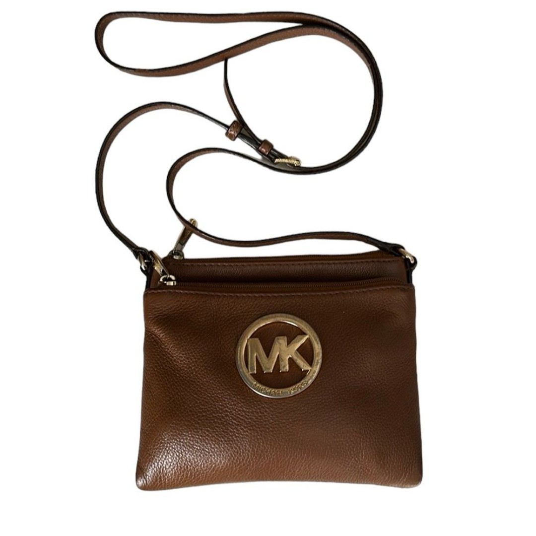 Michael Kors MK Crossbody Brown Leather Gold Hardware button/zip close