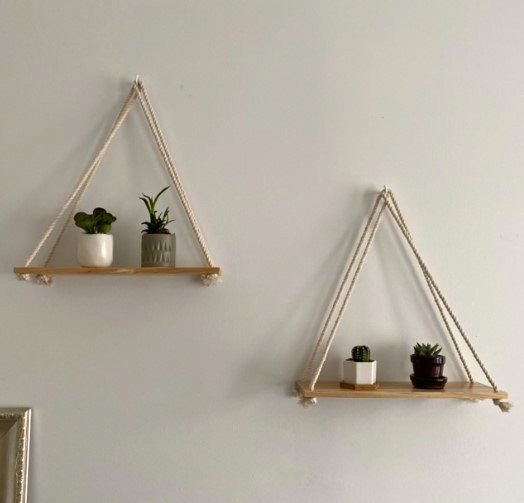 Set Of 2 Macrame Wall Hanging Wooden Shelves With Hooks - Brand NEW