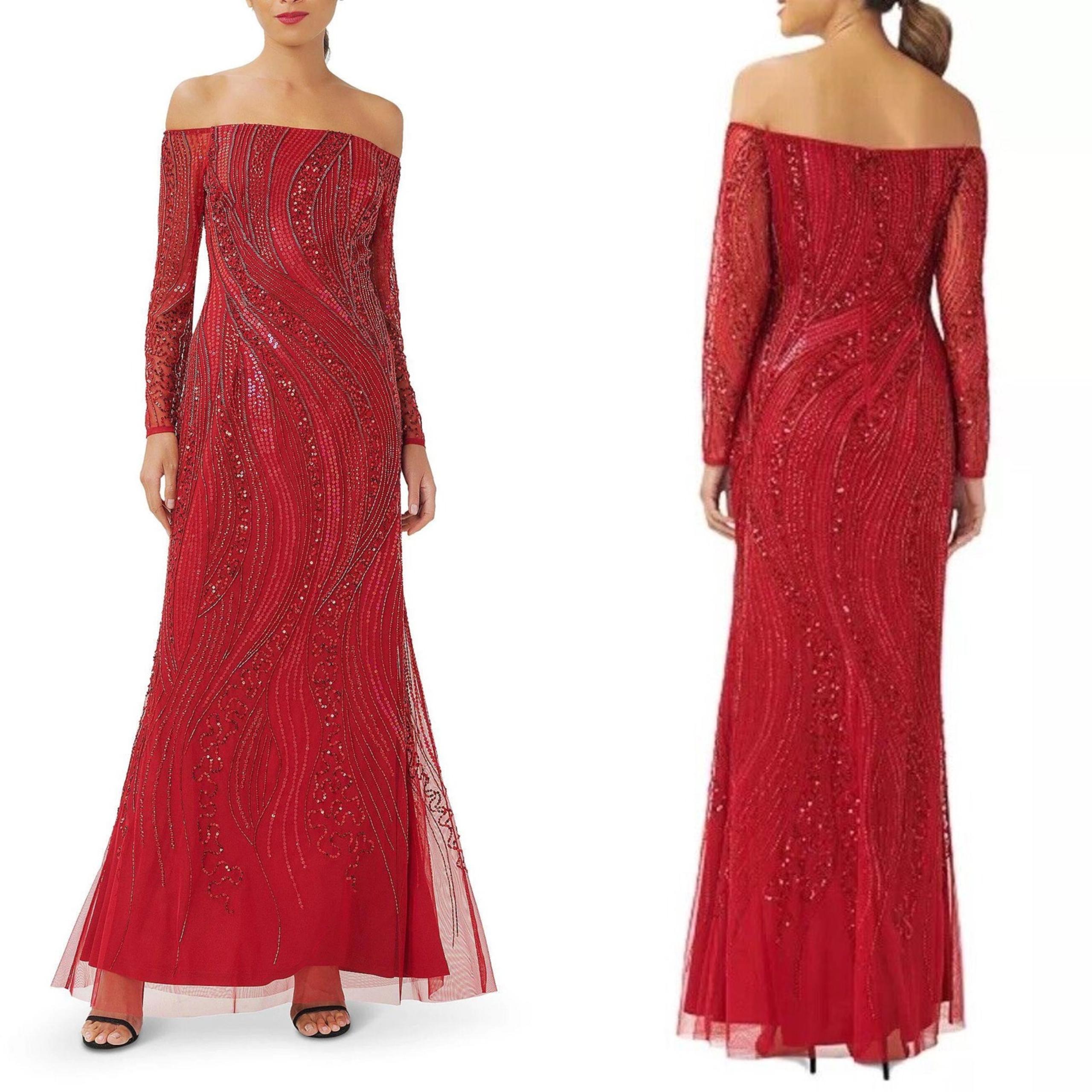 Adrianna Papell SzUS 2 Cranberry Red AP1E210117 Beaded Off Shoulder Evening Gown
