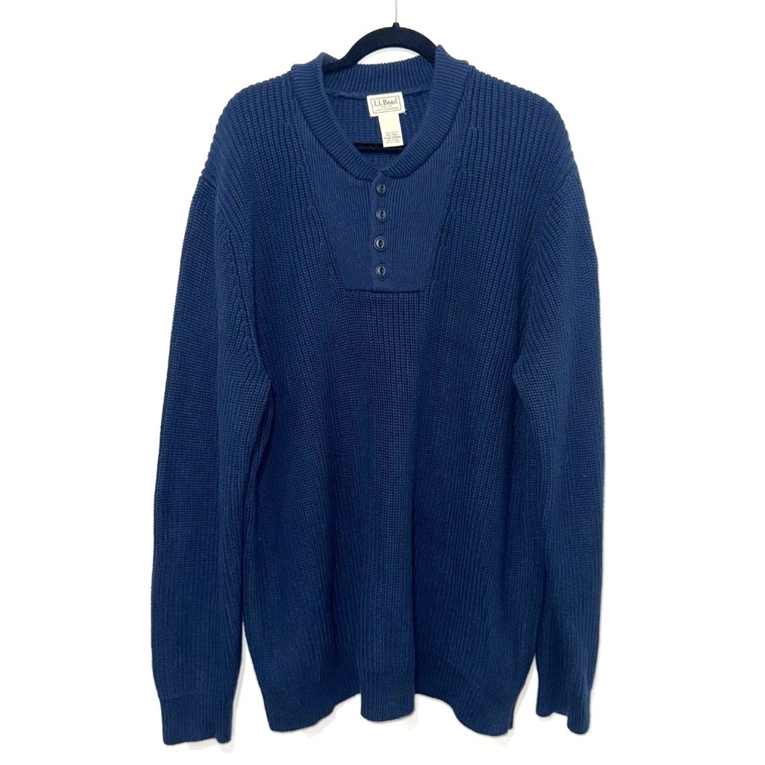 LL BEAN Vintage Henley Heavy Knit Cotton Sweater - Navy XXL Tall
