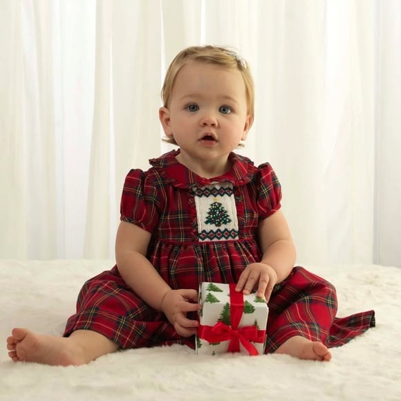 Rachel Riley Baby Girl Plaid Christmas Tree Smocked Dress - Size 6M
