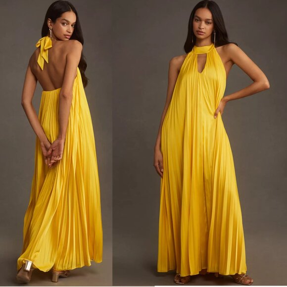 ANTHROPOLOGIE Hutch Halter Pleated Maxi Dress 2XS XXS new with tag yellow nwt