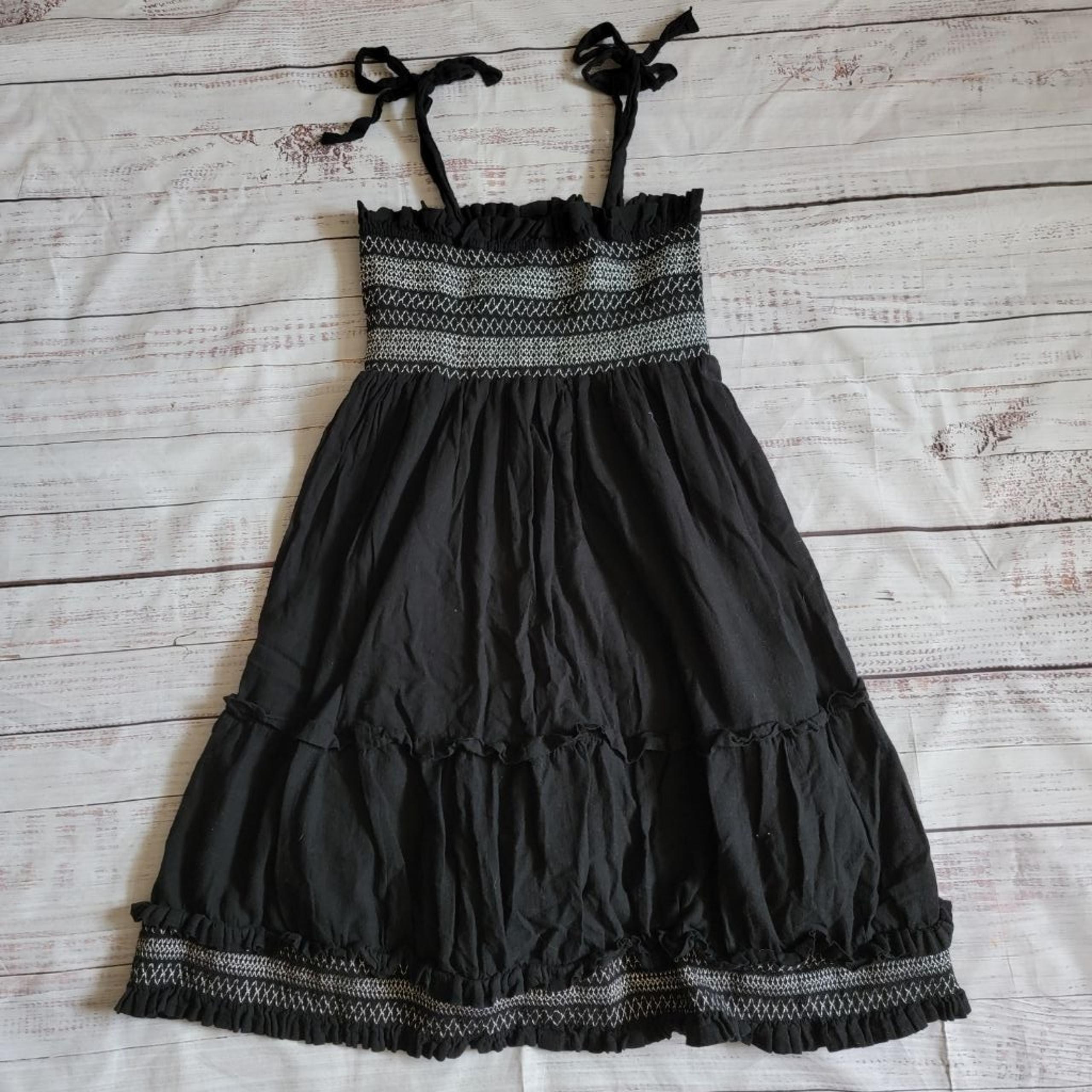 Elie Tahari Black Smocked Tie Shoulder Midi Dress Cotton Women's Small