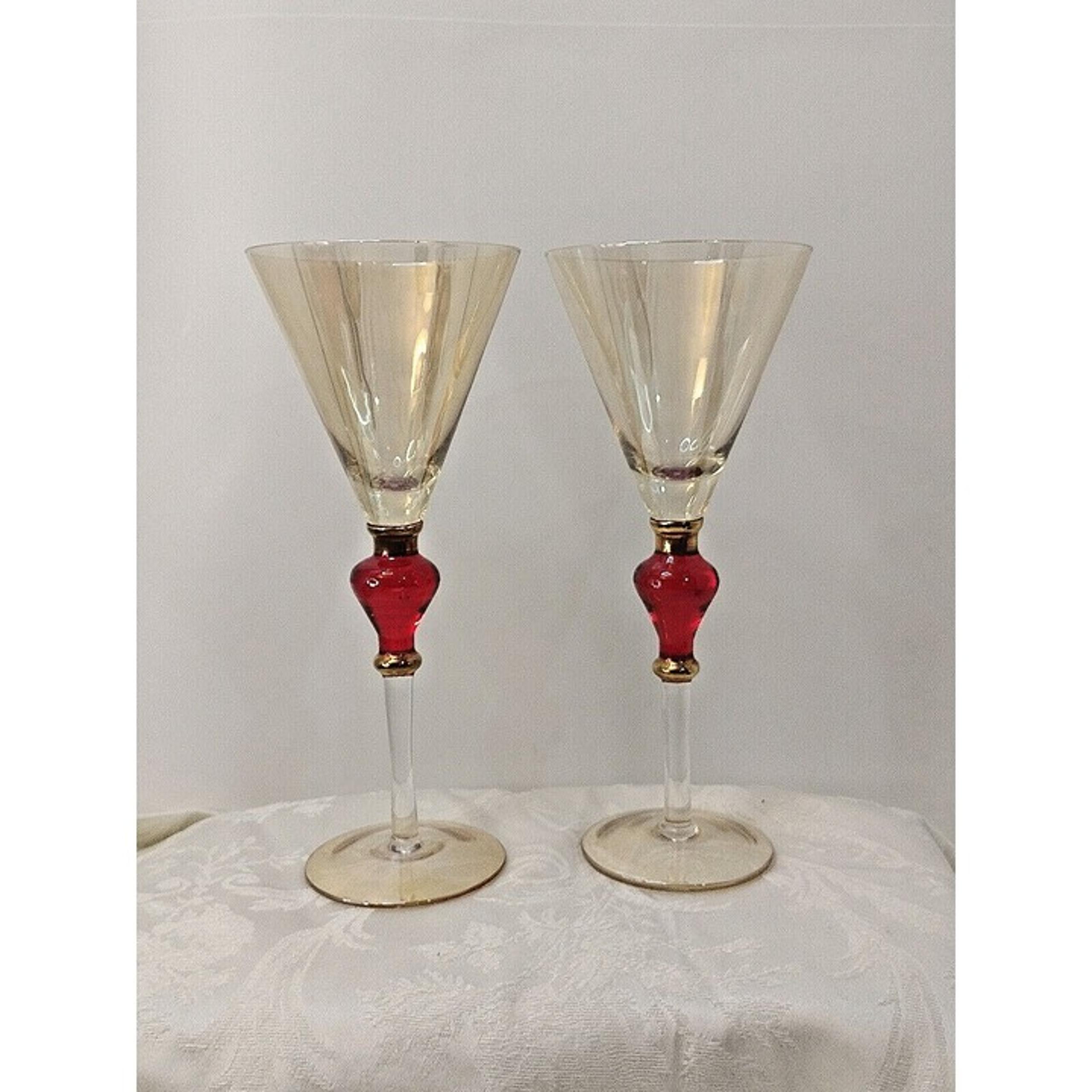 Pier One 2pc Amber Luster Red Jewel W/Gold Trim 10" Cocktail Glass 10"