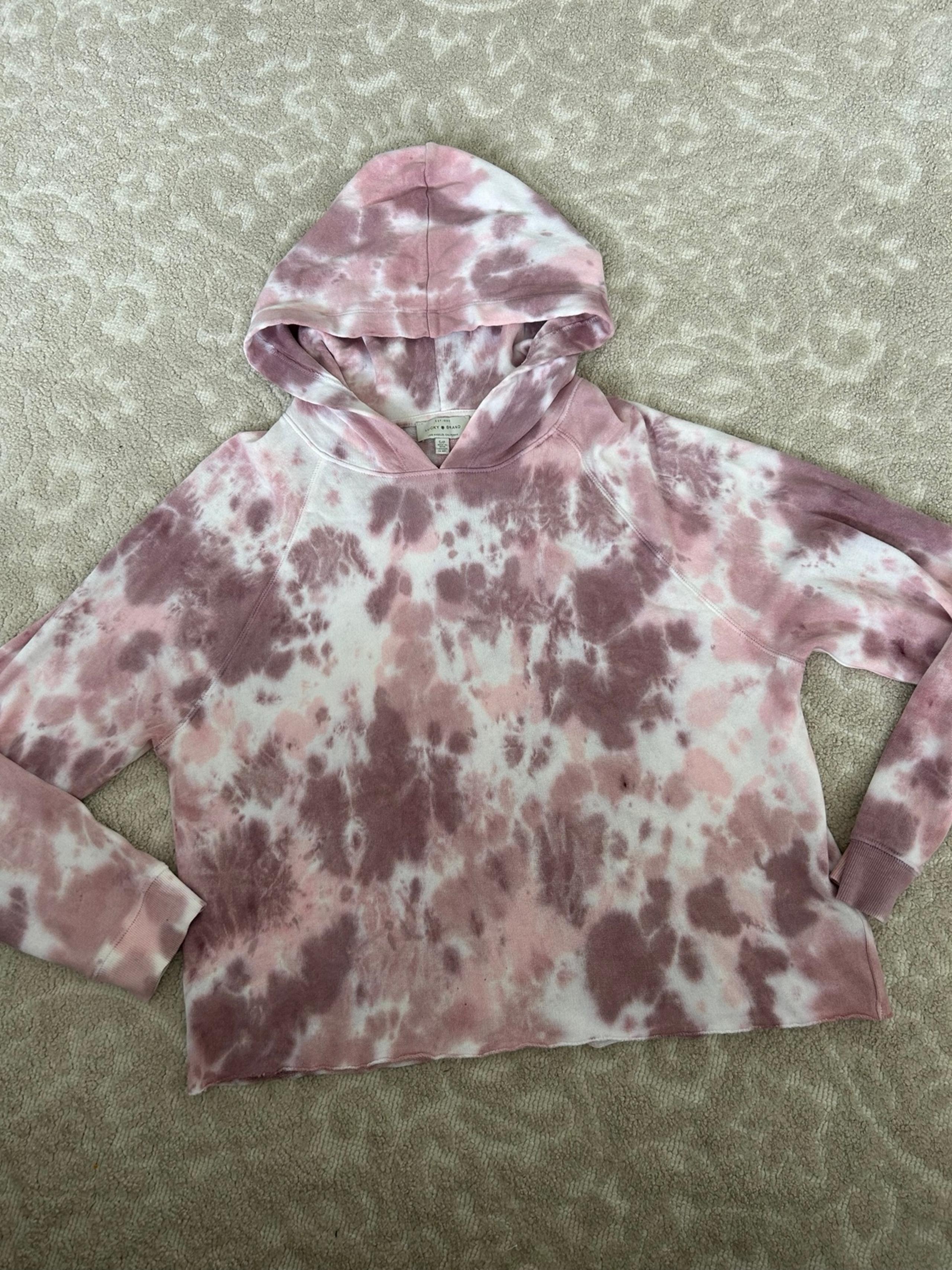 Hoodie lucky brand tie dye long sleeve hooded sweatshirt slight crop pink white