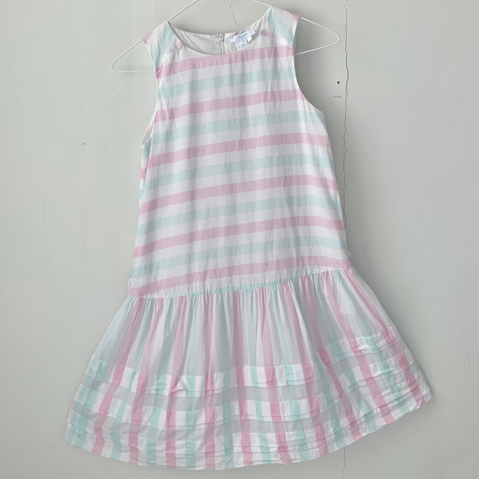Jacadi Paris pastel pink & teal striped drop waist dress, 10yr