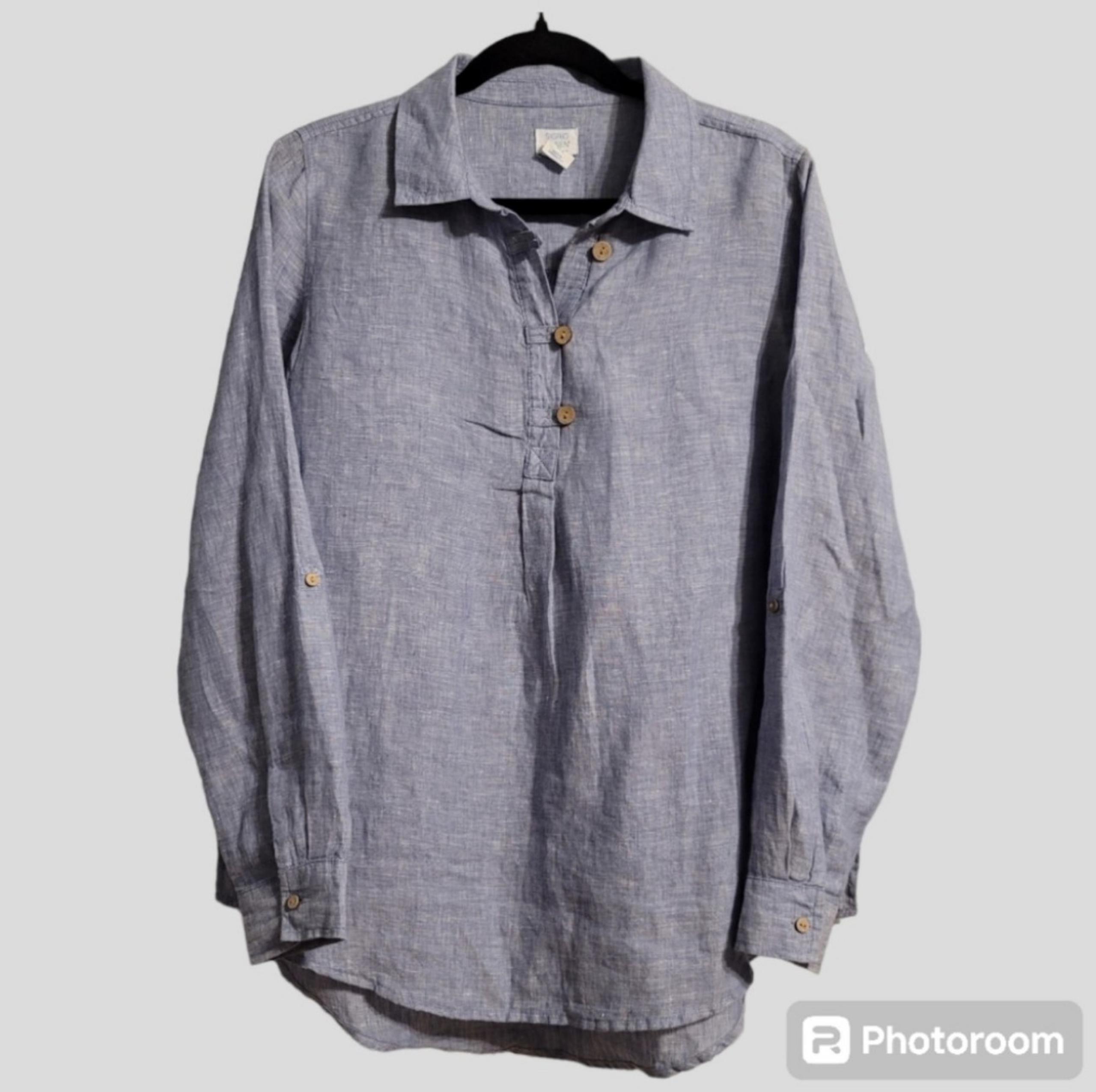 Sigrid Olsen Linen Tunic Top Women's Medium Blue Roll-Tab Sleeve High-Low Hem