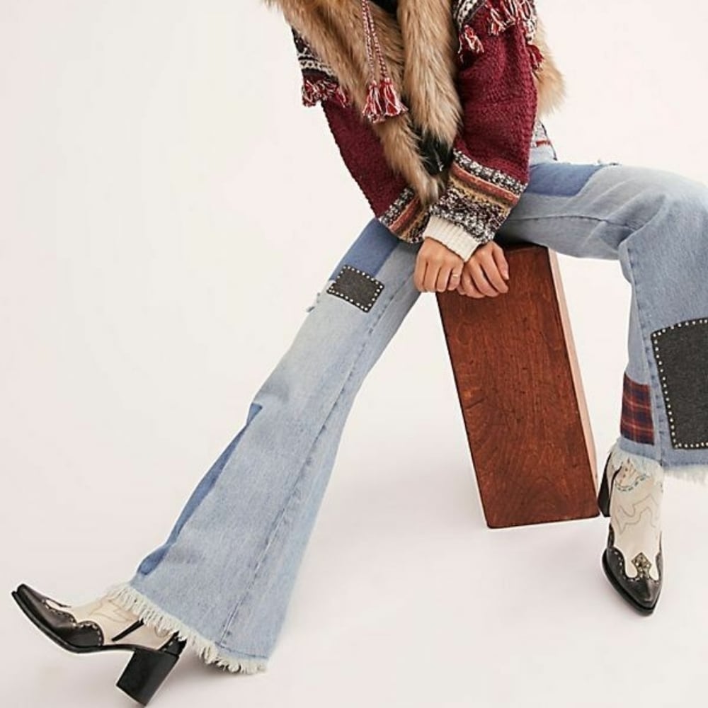Free People Plaid Mixed Slim Flare Jeans patchwork studded size 24