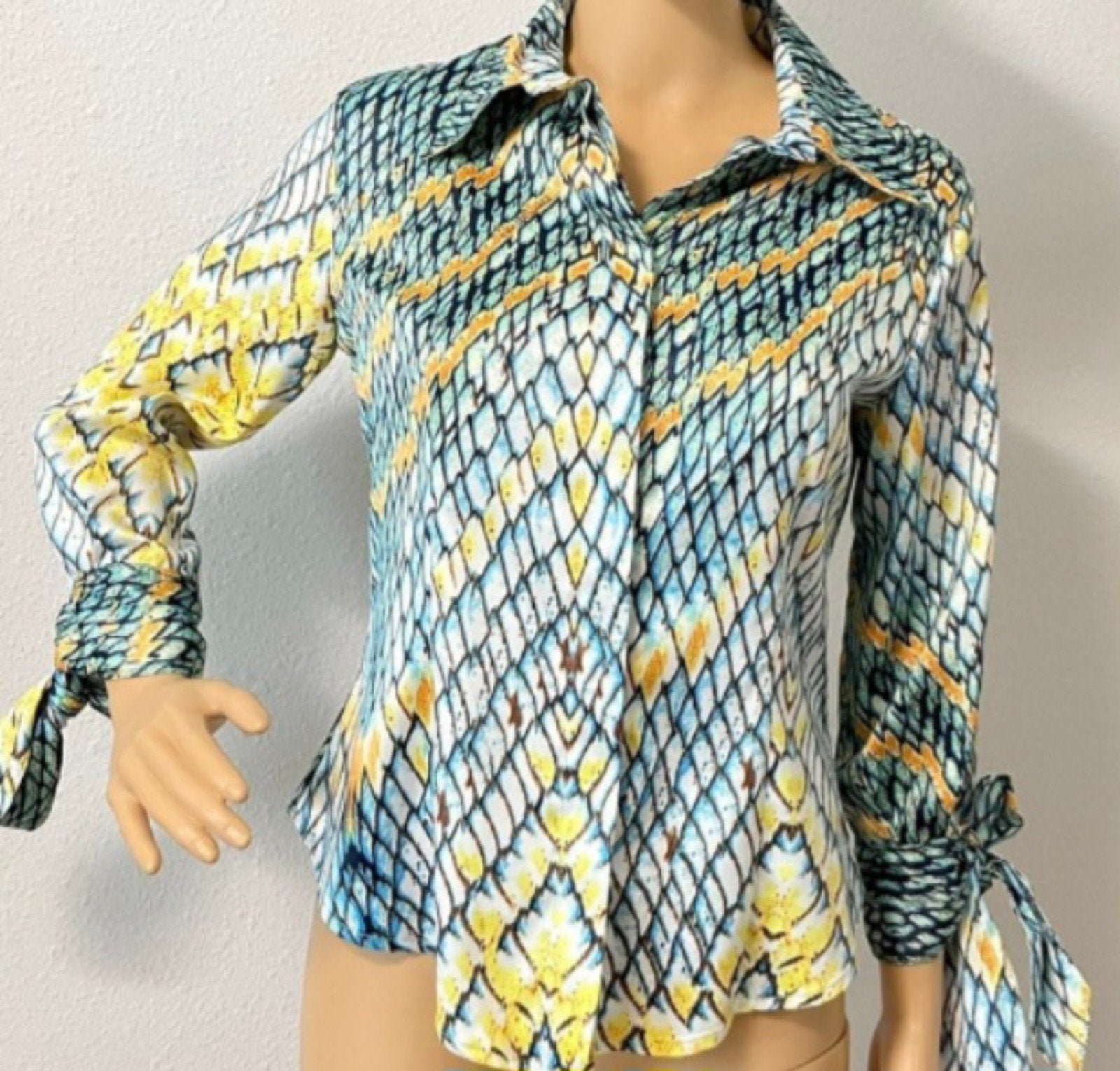 Just Cavalli Yellow Blue Orange Reptile Print Long Sleeve Button Down Shirt 42
