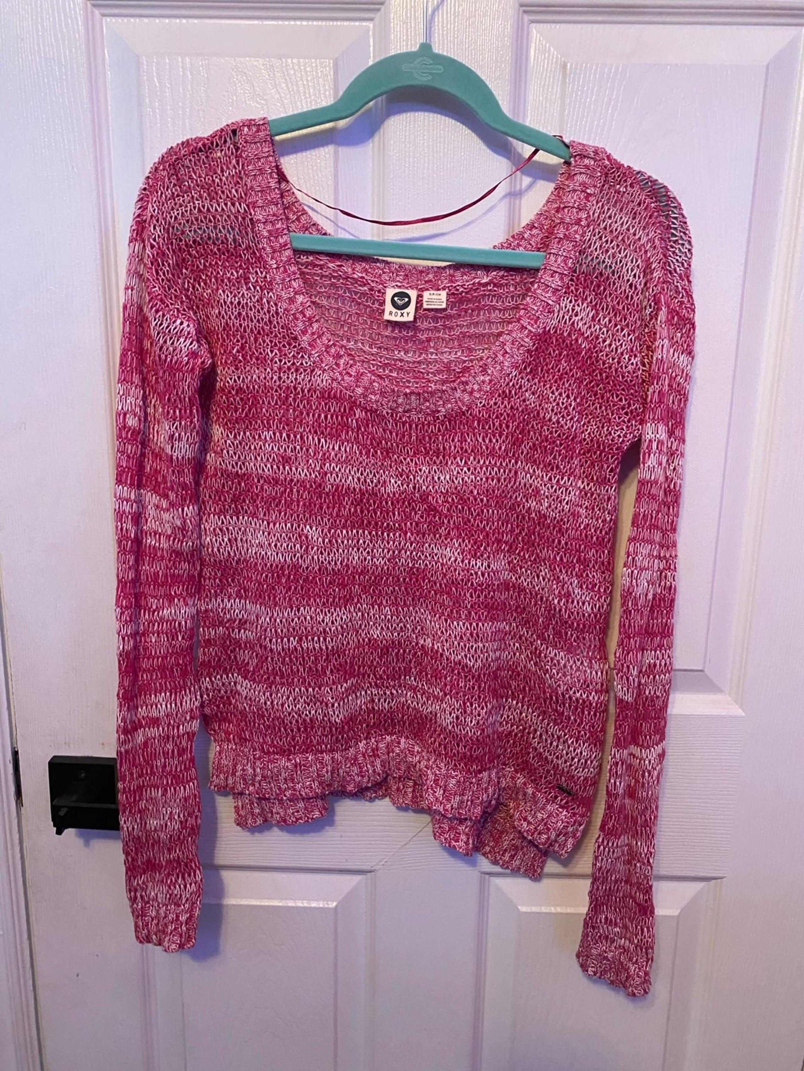 Roxy Womens Sweater Pink & White lightweight open knit scoop neck high/low Small