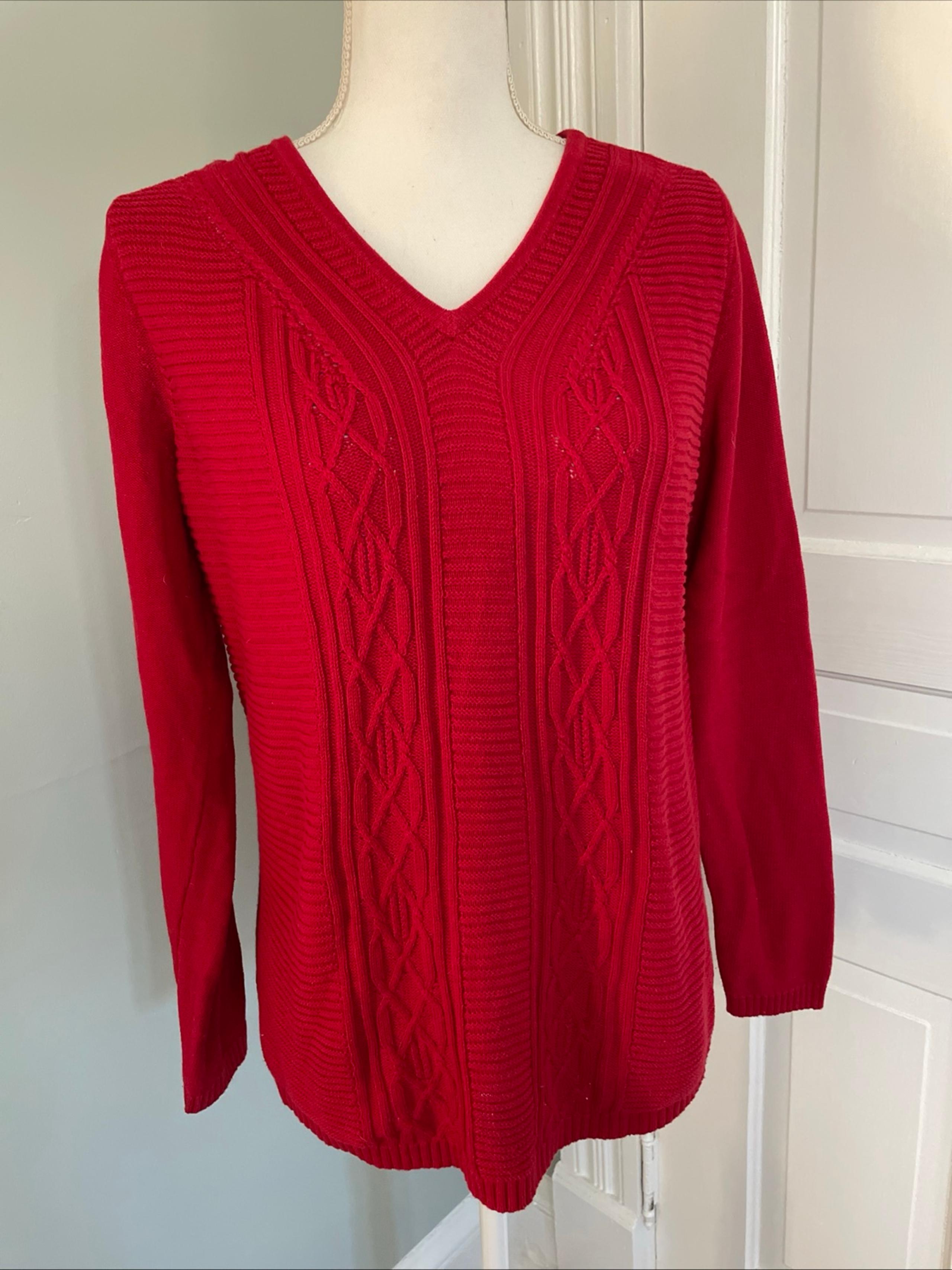 VTG Talbot's Cable Knit Sweater Small Red Pullover V Neck 100% Cotton