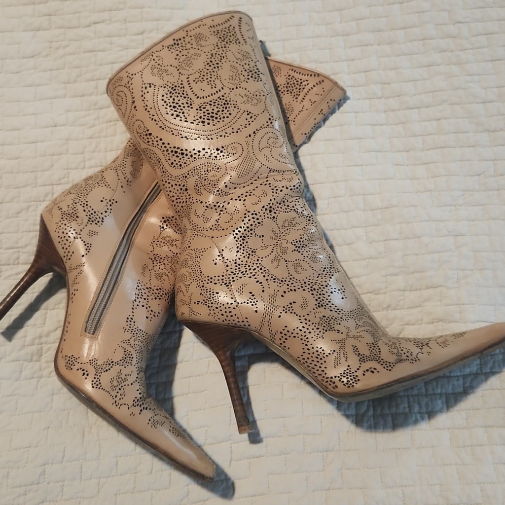 Vero Cuoio Authentic Italian Leather Embellished Heeled Boots, sz37, EUC