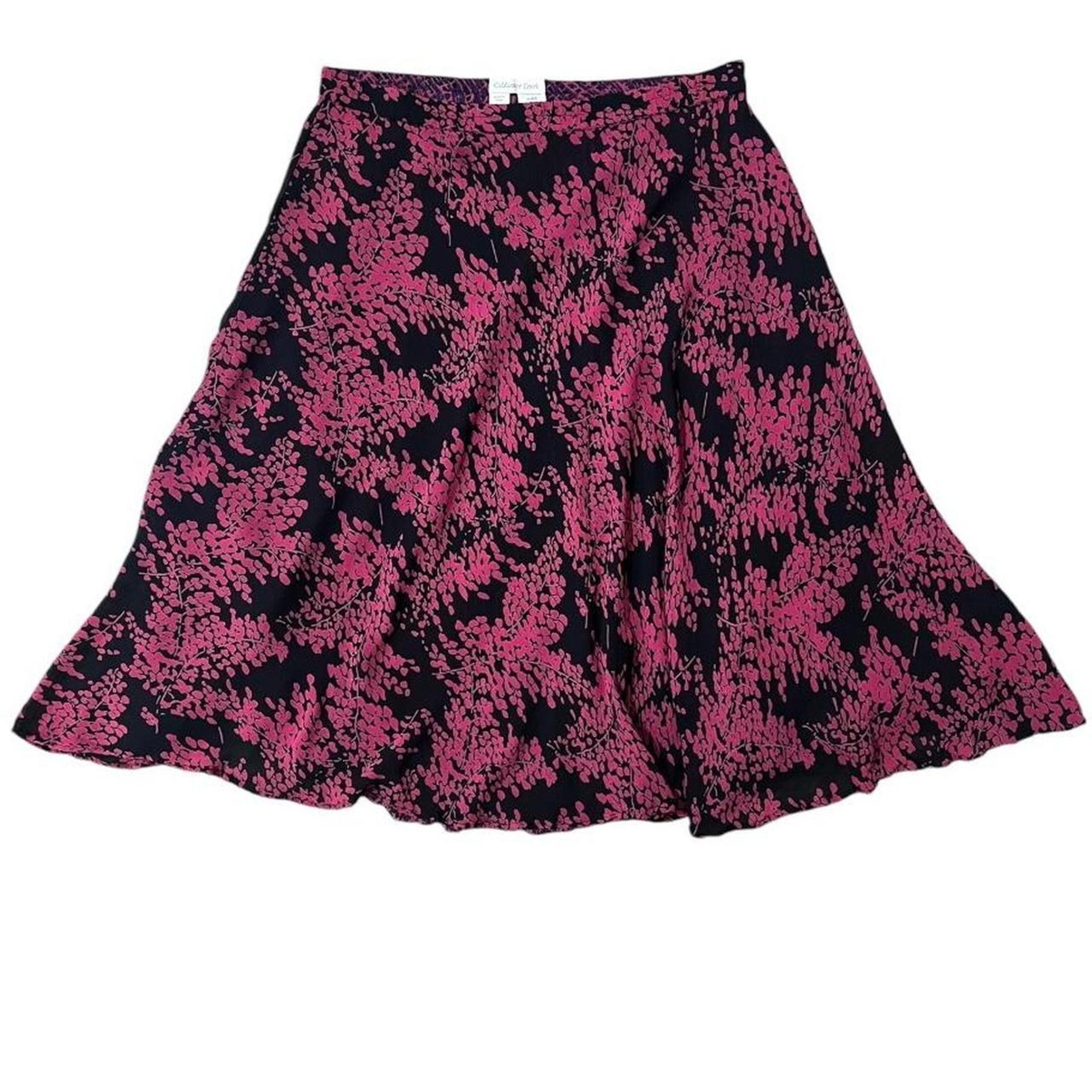 Coldwater Creek Black & Fuchsia Pink Foliage Pattern Ruffle Hem Midi Skirt 14/L