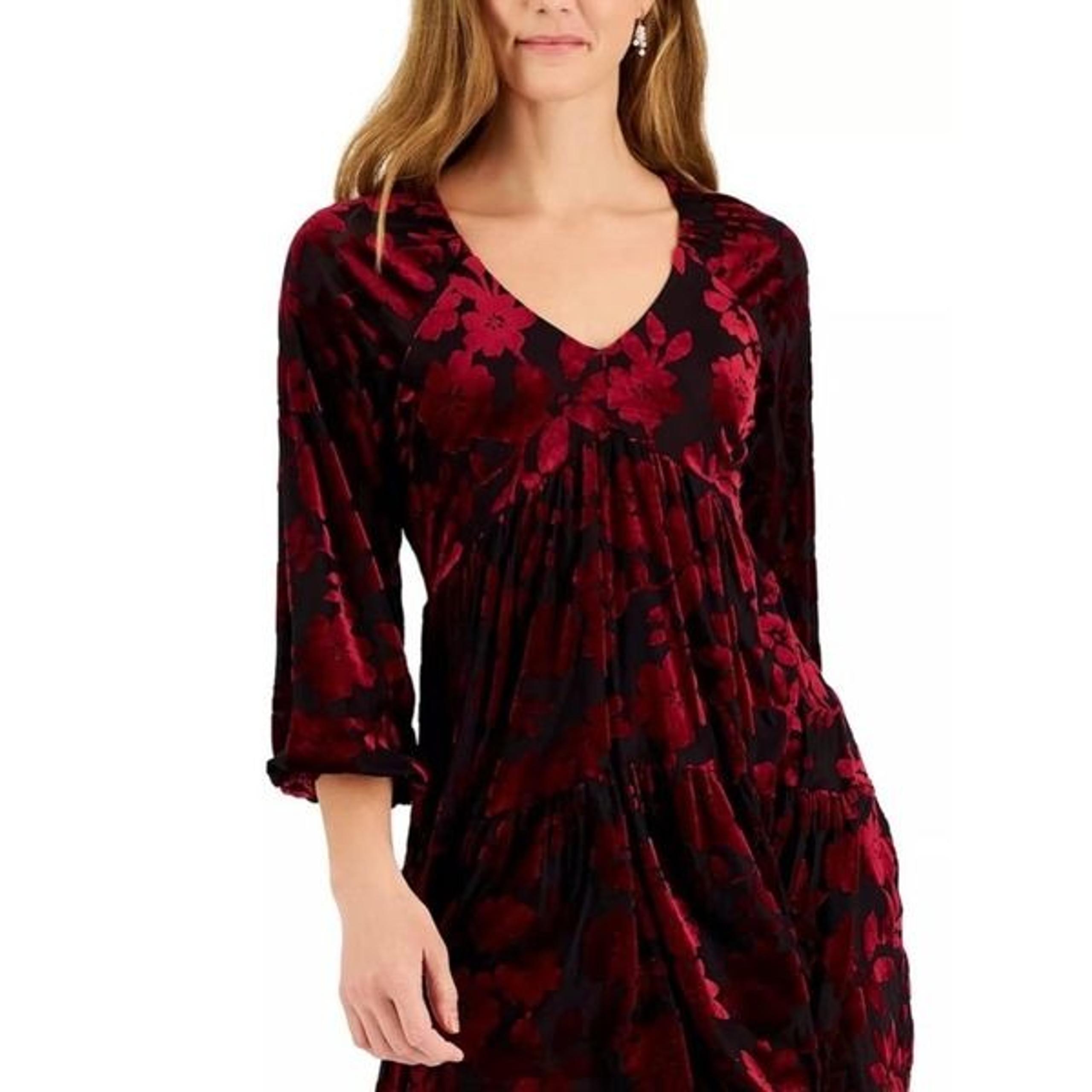 Taylor Velvet Floral Babydoll Dress Black With Red Velvet Ballon Sleeve Size 6