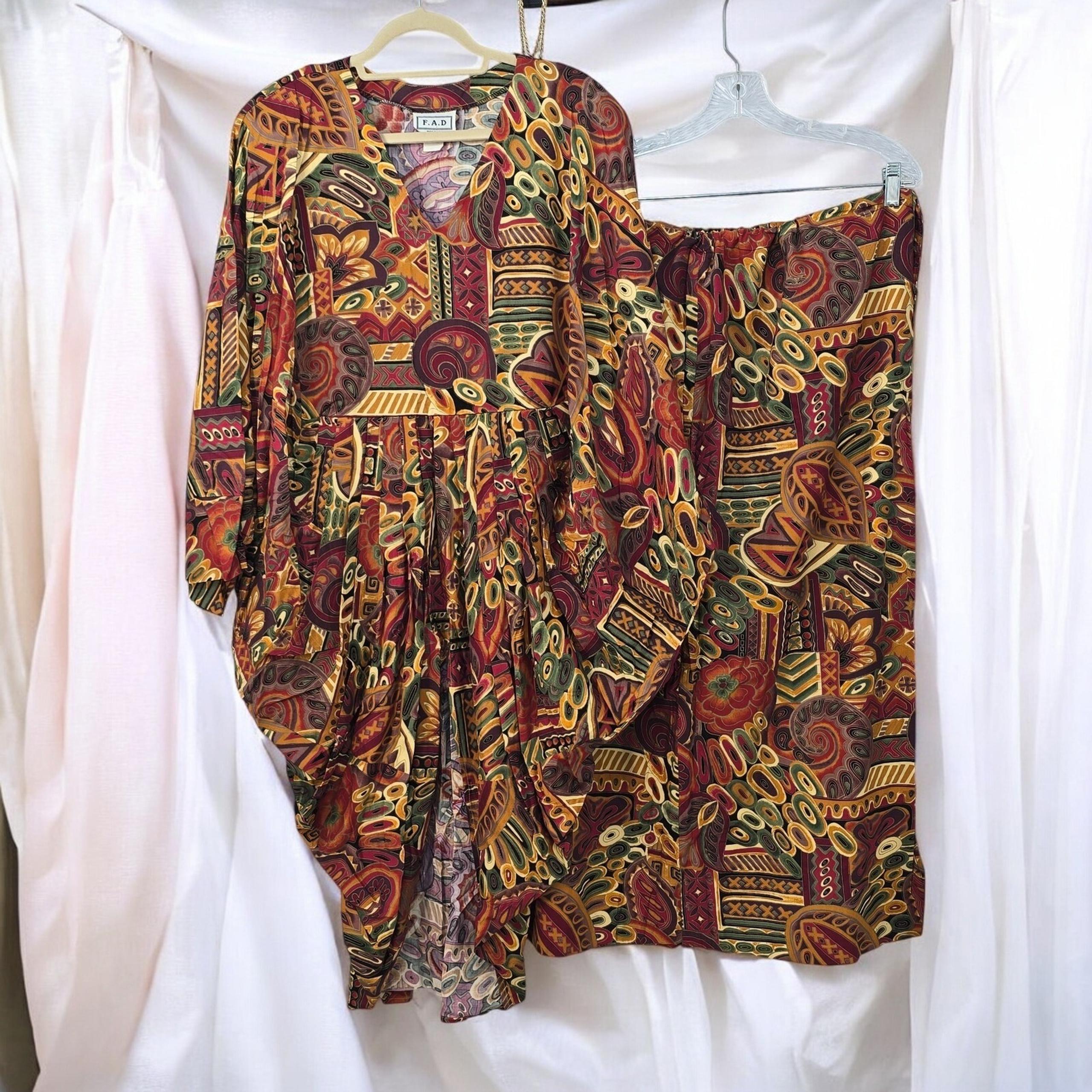 VTG F.A.D African Print Caftan Skirt Suit Bohemian Style Plus Size Art to Wear