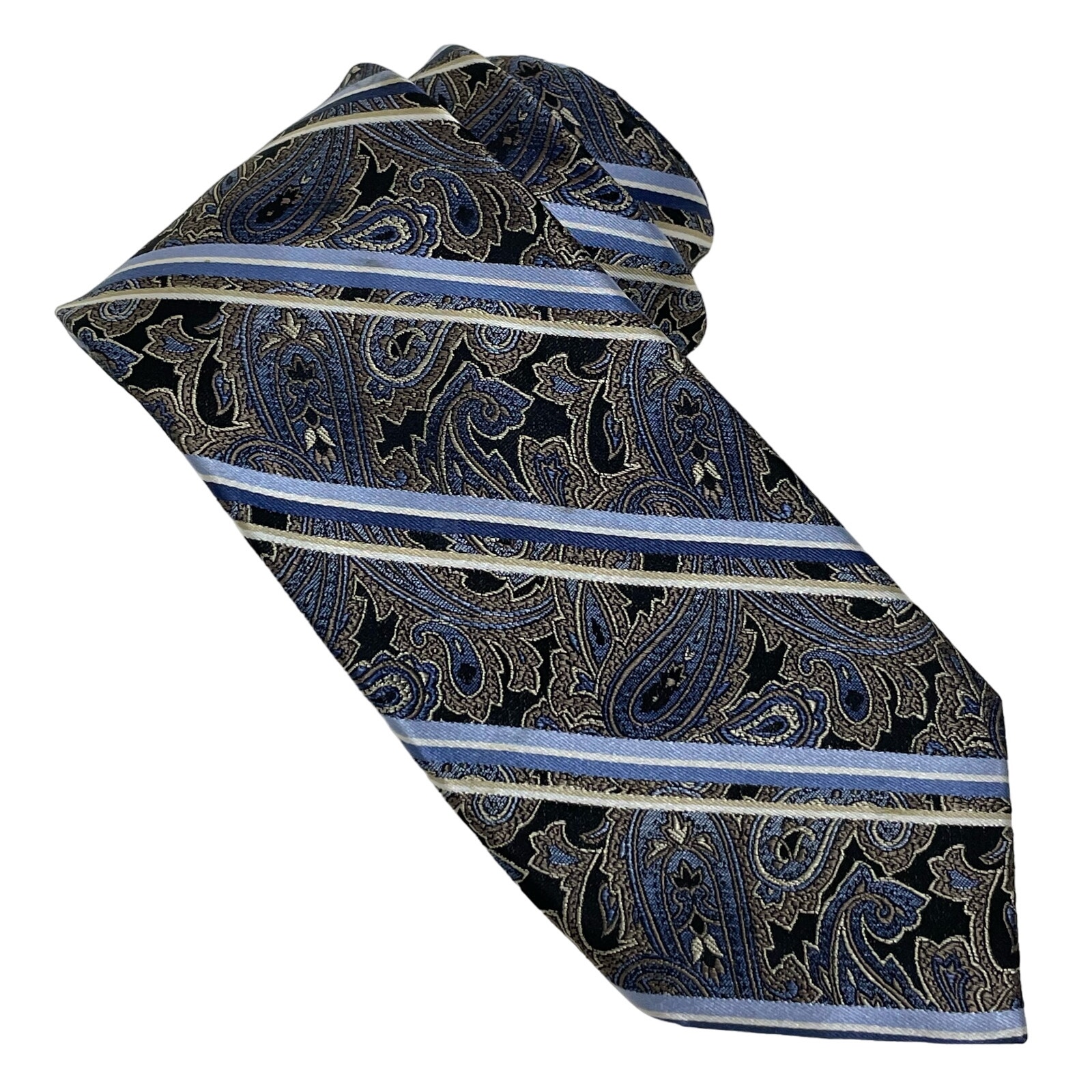 Pronto Uomo Couture Necktie Silk Blue Taupe Gray Paisley Striped Long Tie
