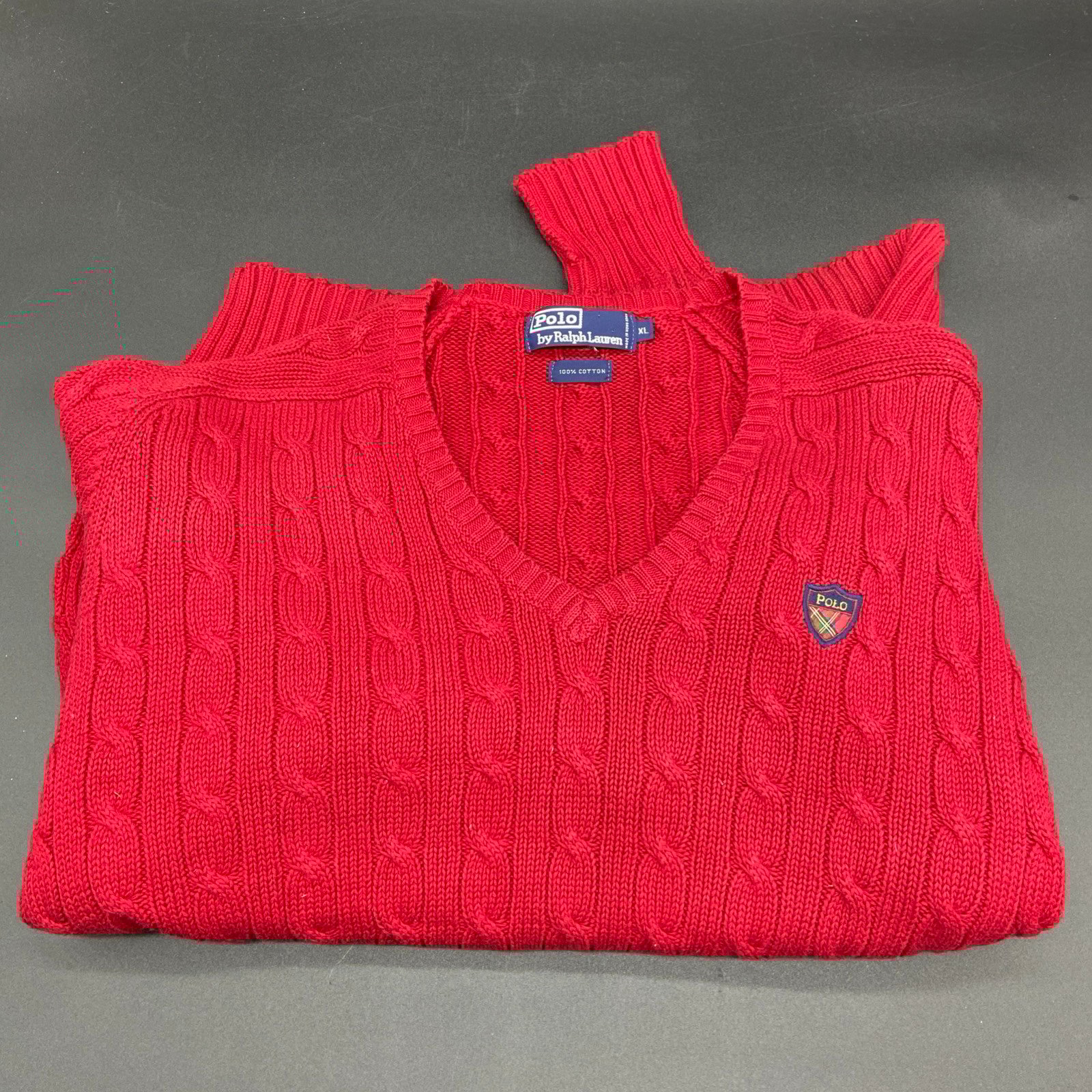 Vintage Polo Ralph Lauren Cable Knit Sweater Golf Crest V-neck 80s Cotton XL Red