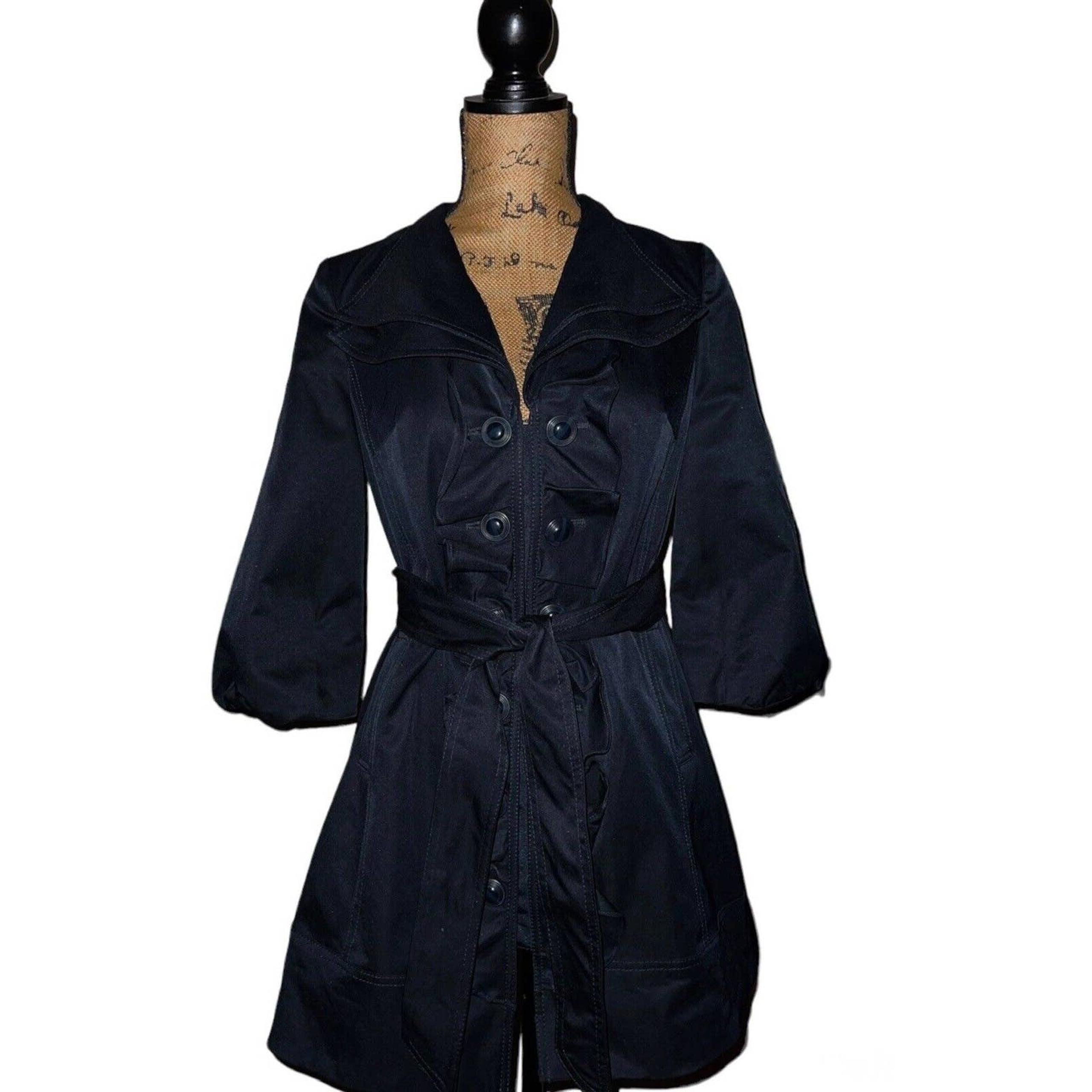 ANTHROPOLOGIE IDRA DK BLUE WHIMSY RUFFLE TRENCH COAT SZ 2 CAN CAN DANCER LINING