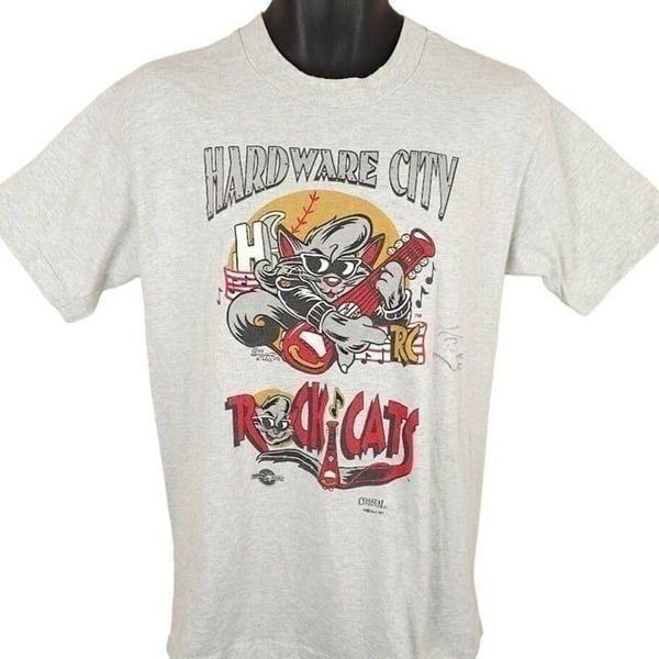Vintage Hardware City Rock Cats T Shirt Mens Size Medium Gray MiLB Made In USA