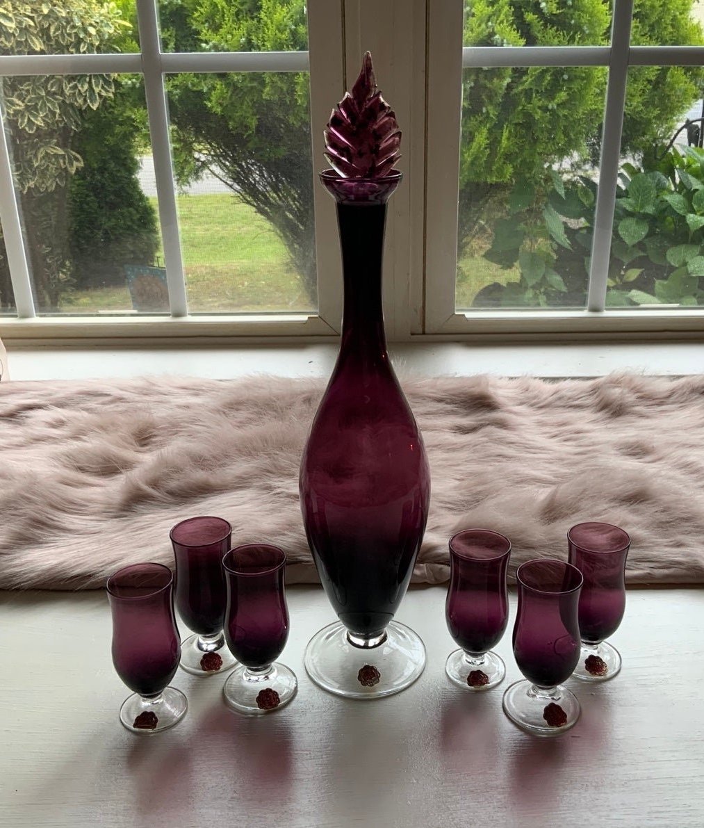 1946 MURANO Archimede Seguso Glass Decanter with 6 Coridal Glasses